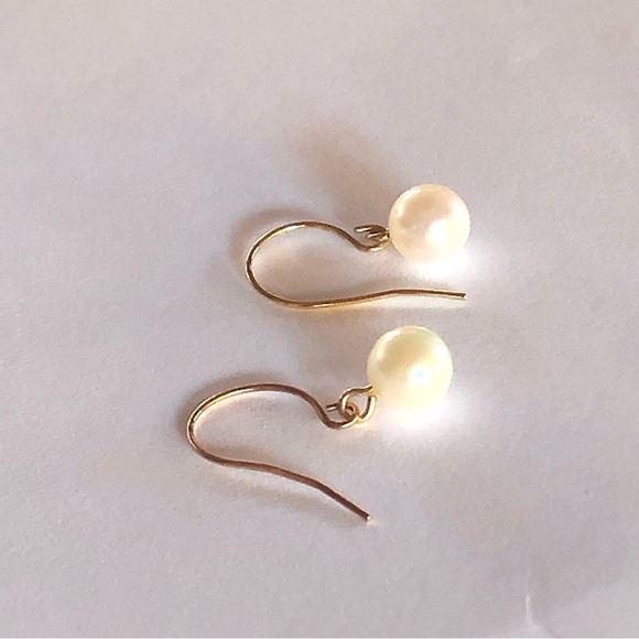 14k Solid Gold Pearl Dangle Earrings - Picture 10 of 10